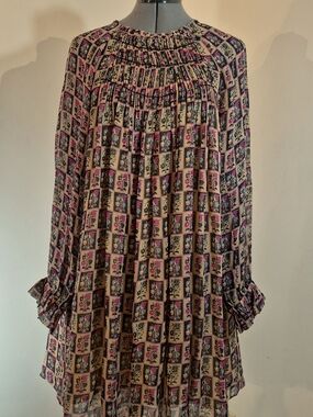 Anthropologie Pink, Black & Cream Floral Smocked Neck Dress